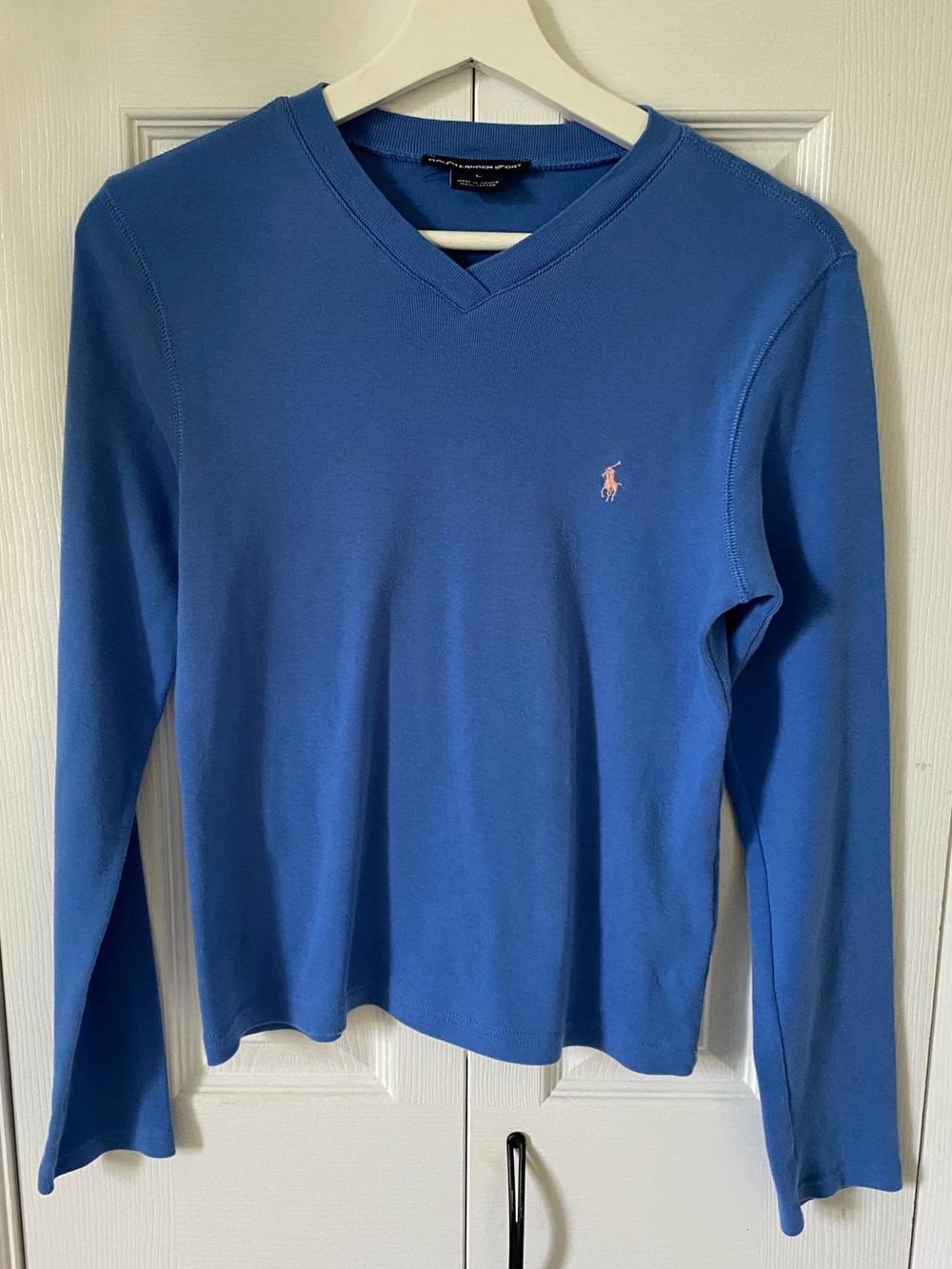 Ralph Lauren V-Neck Long Sleeve Tee  in Cornflower Blue Pink Pony 100% Cotton L